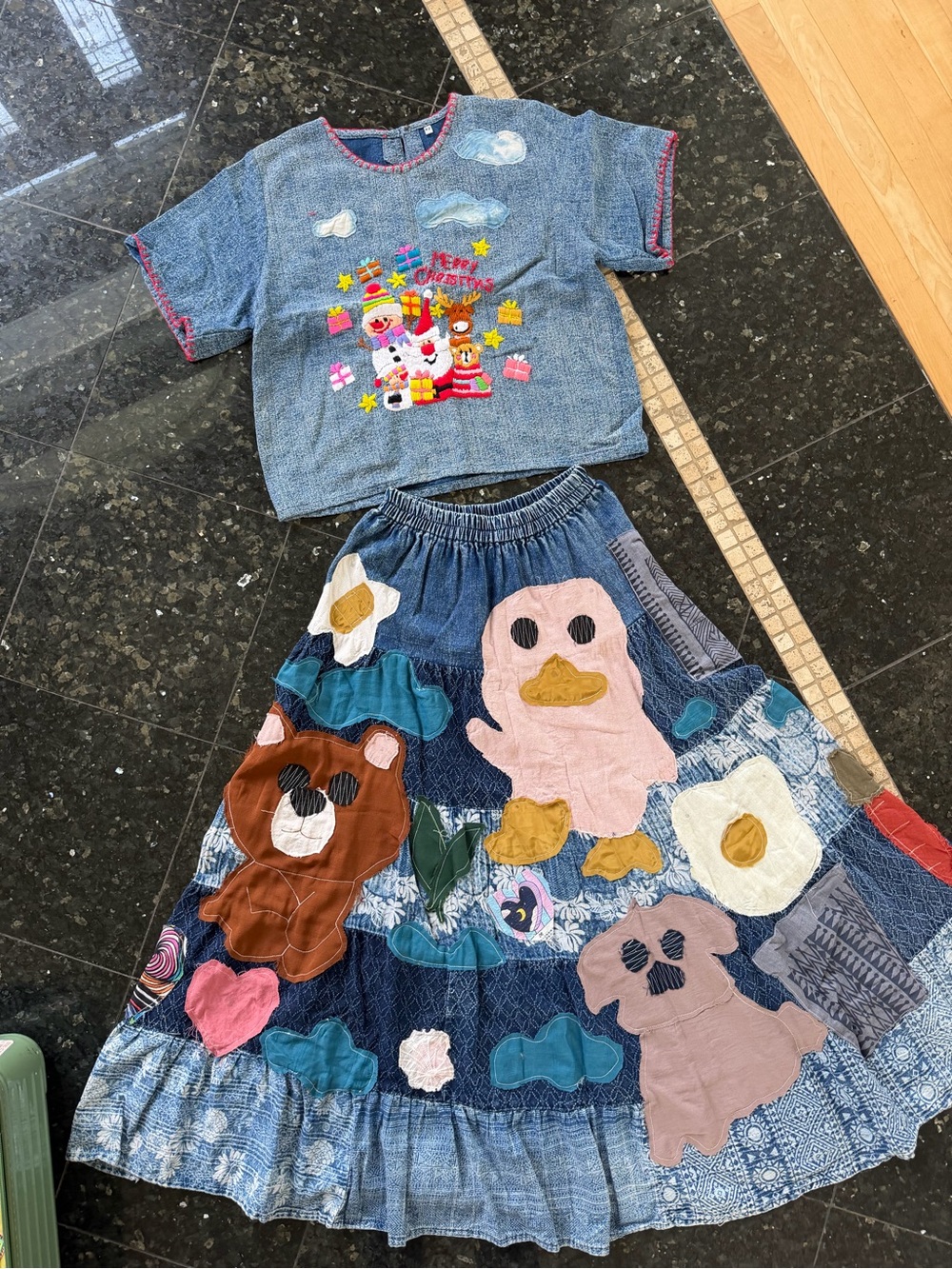 Handmade Christmas outfit Denim Two-Piece Set with Playful Animal Appliqués
